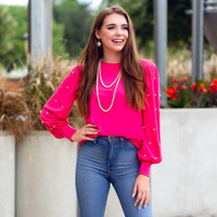 Load image into Gallery viewer, 10930 - Pearl Embellished Long Sleeve Top - Hot Pink
