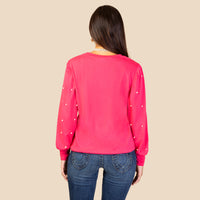 Load image into Gallery viewer, 10930 - Pearl Embellished Long Sleeve Top - Hot Pink
