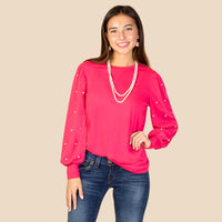 Load image into Gallery viewer, 10930 - Pearl Embellished Long Sleeve Top - Hot Pink
