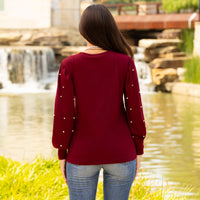 Load image into Gallery viewer, 10930 - Pearl Embellished Long Sleeve Top - Maroon
