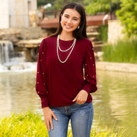 Load image into Gallery viewer, 10930 - Pearl Embellished Long Sleeve Top - Maroon
