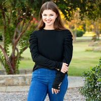 Load image into Gallery viewer, 10931 - Ruffle Sleeve Top with Button Accents - Black
