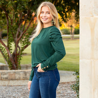 Load image into Gallery viewer, 10931 - Ruffle Sleeve Top with Button Accents - Green
