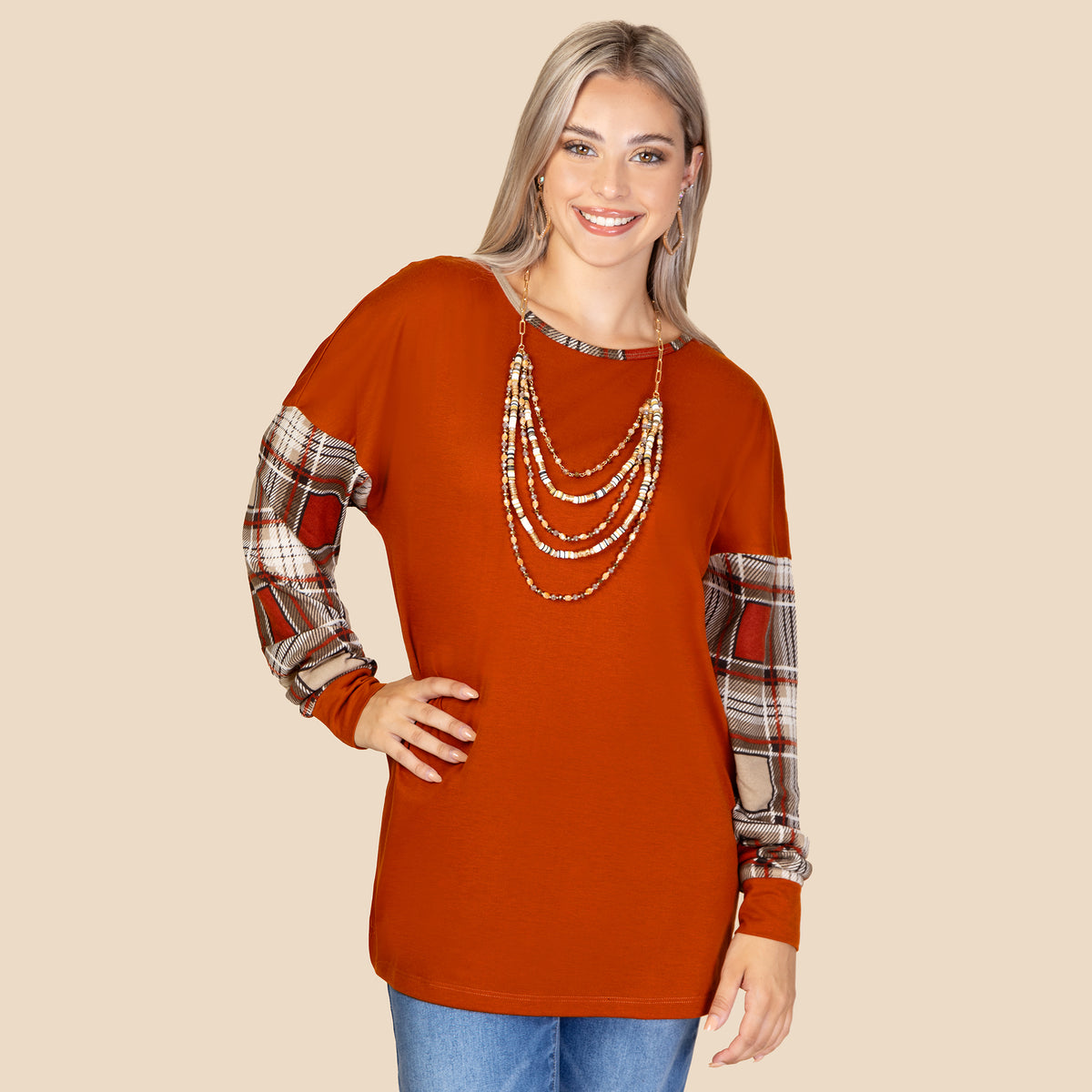 10936 - Long Sleeve Top with Plaid Sleeves