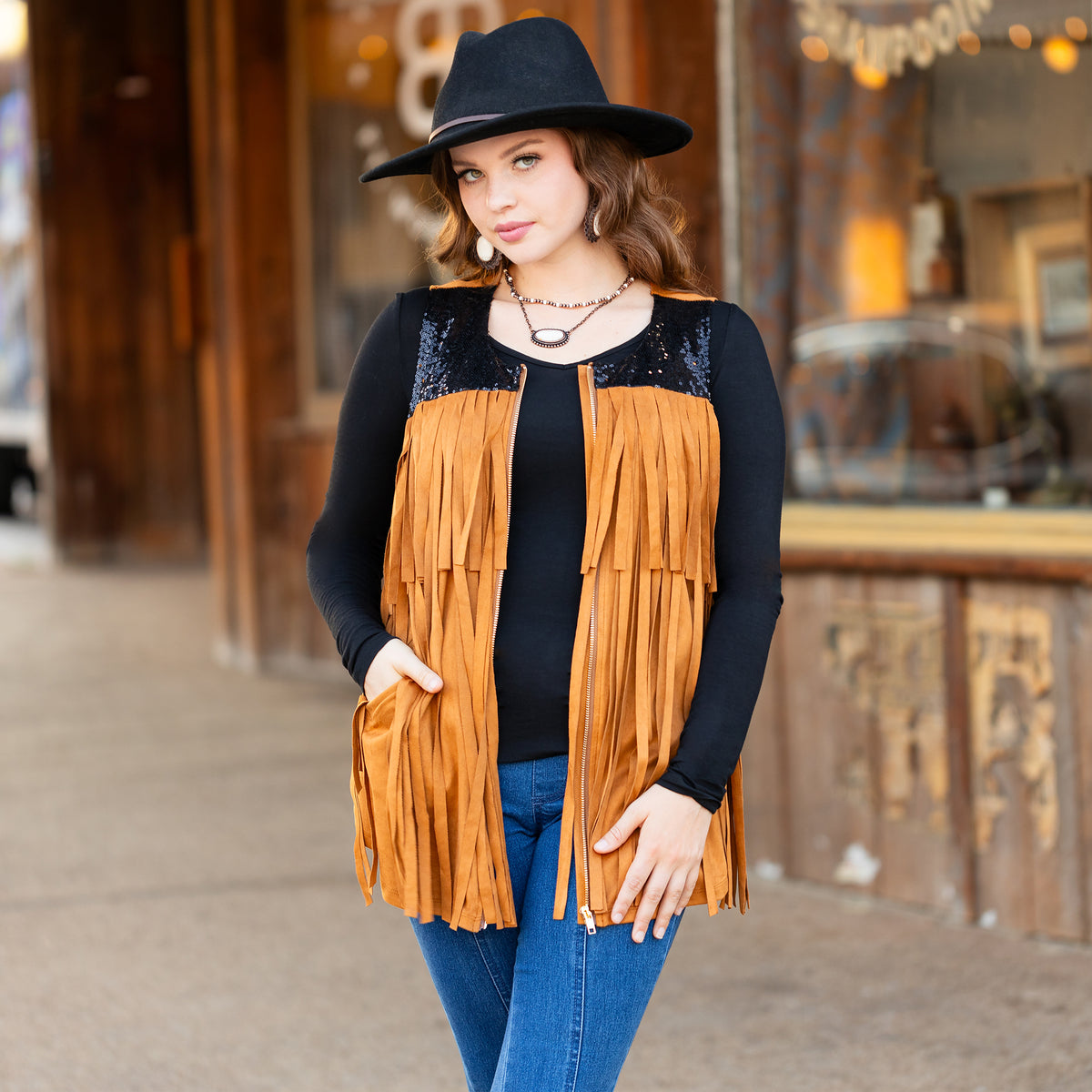 10946 - Faux Suede Fringe Vest with Sequin and Pockets