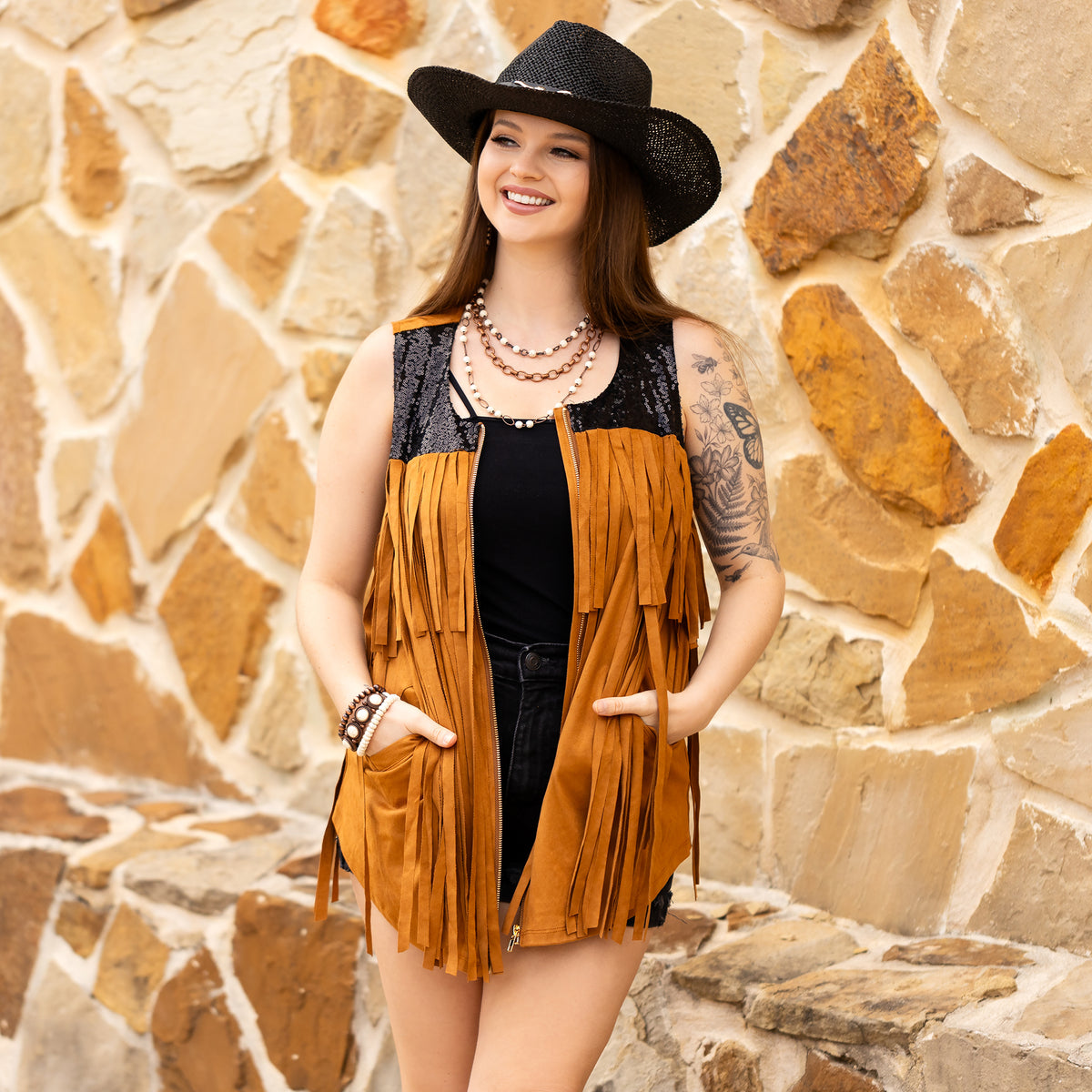 10946 - Faux Suede Fringe Vest with Sequin and Pockets
