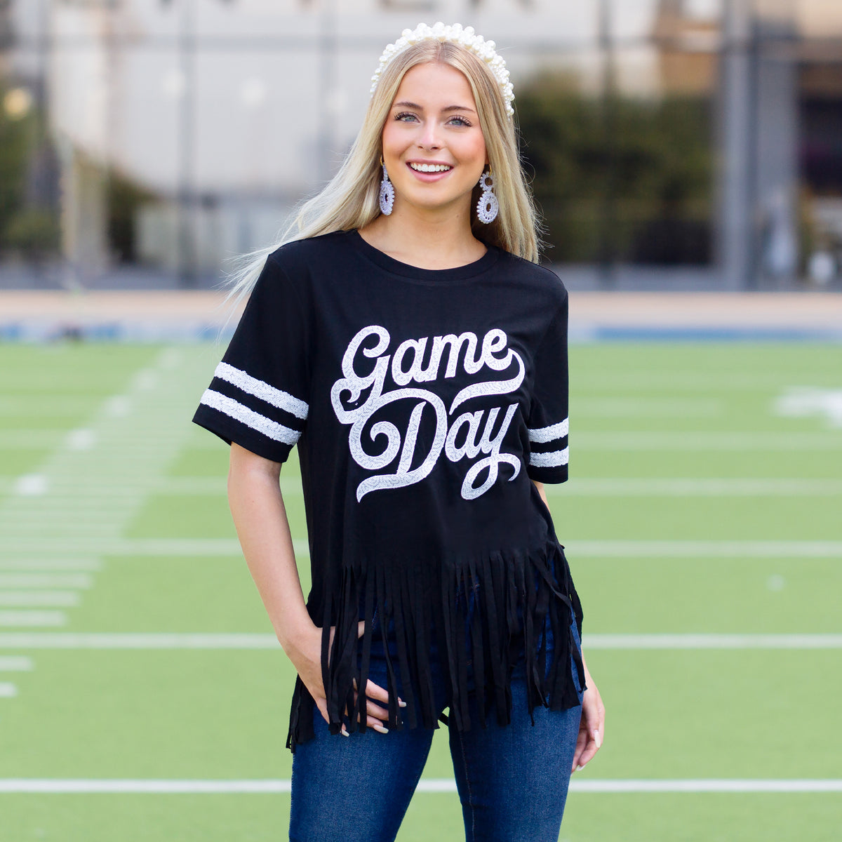 10968 - Game Day Half Sleeve Top with Sequin & Fringe - Black