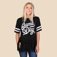 Load image into Gallery viewer, 10968 - Game Day Half Sleeve Top with Sequin &amp; Fringe - Black
