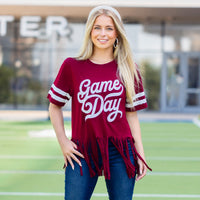 Load image into Gallery viewer, 10968 - Game Day Half Sleeve Top with Sequin &amp; Fringe - Maroon
