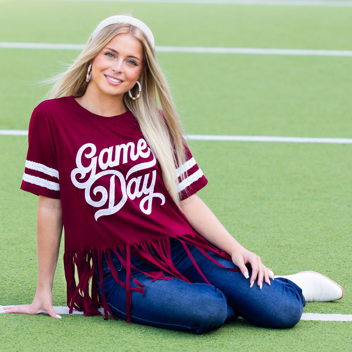 10968 - Game Day Half Sleeve Top with Sequin & Fringe - Maroon