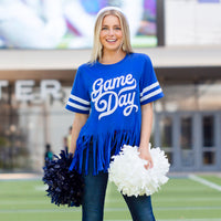 Load image into Gallery viewer, 10968 - Game Day Half Sleeve Top with Sequin &amp; Fringe - Royal Blue
