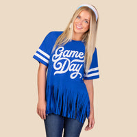 Load image into Gallery viewer, 10968 - Game Day Half Sleeve Top with Sequin &amp; Fringe - Royal Blue
