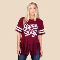 Load image into Gallery viewer, 10968 - Game Day Half Sleeve Top with Sequin &amp; Fringe - Maroon
