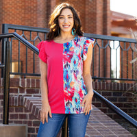 Load image into Gallery viewer, 10990 - Floral Color Block Half Sleeve Top with Ruffle Sleeves
