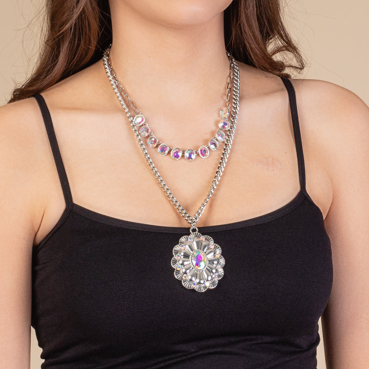 1150 - Layered Squash Blossom Necklace - Silver & AB