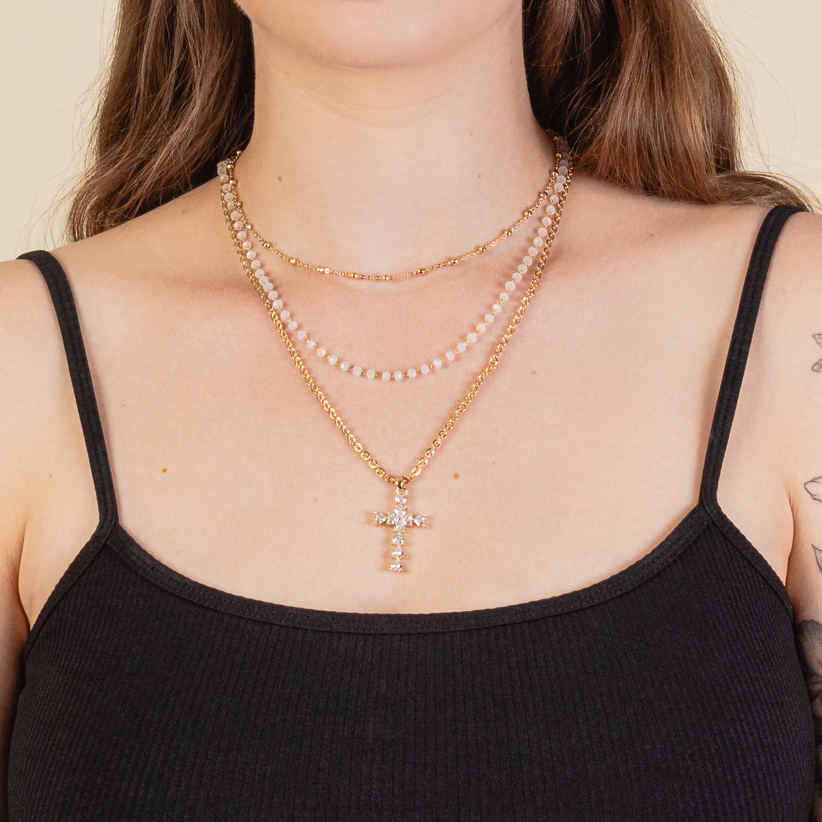 1165 - Layered Cross Necklace - Clear