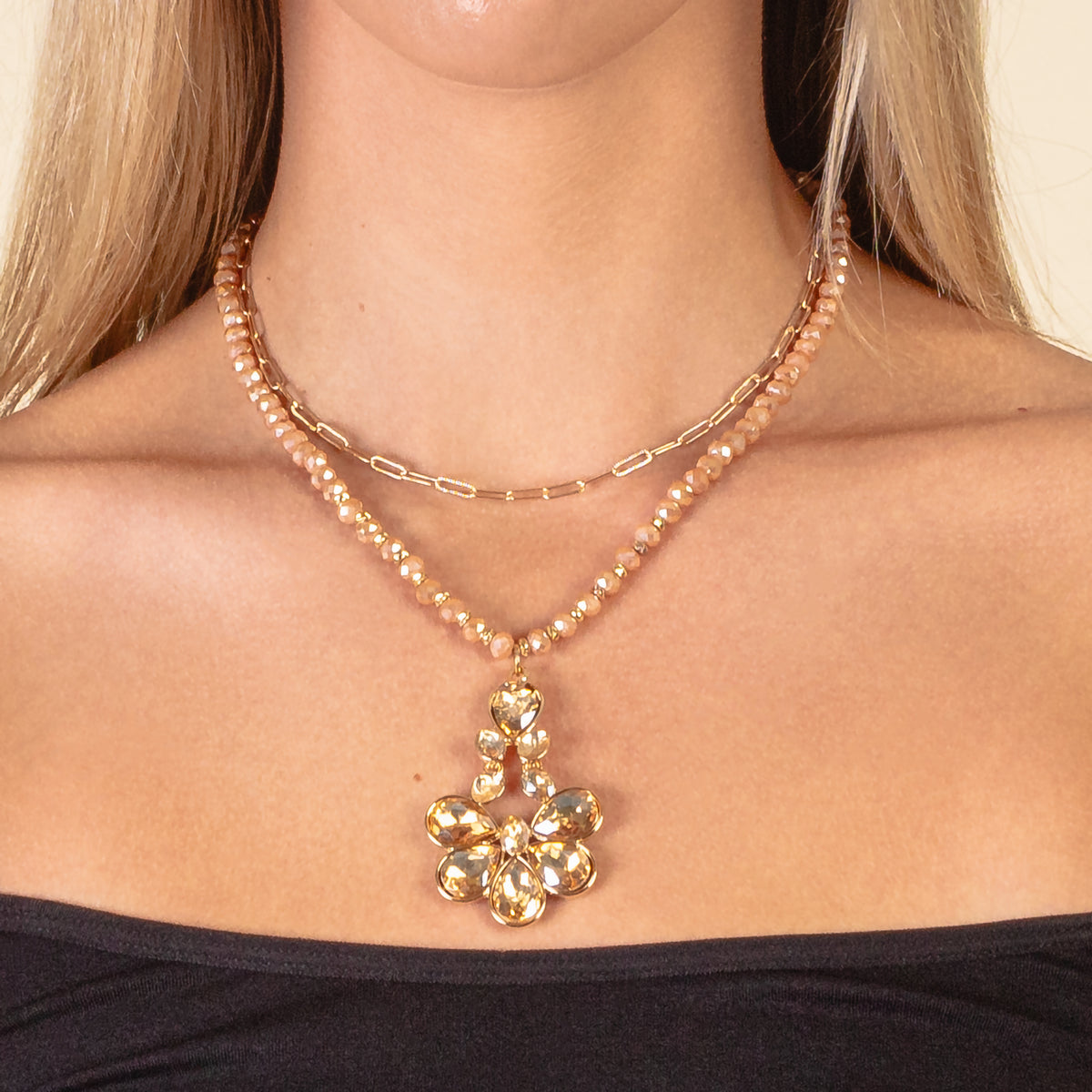 1175 - Layered Crystal Necklace - Gold