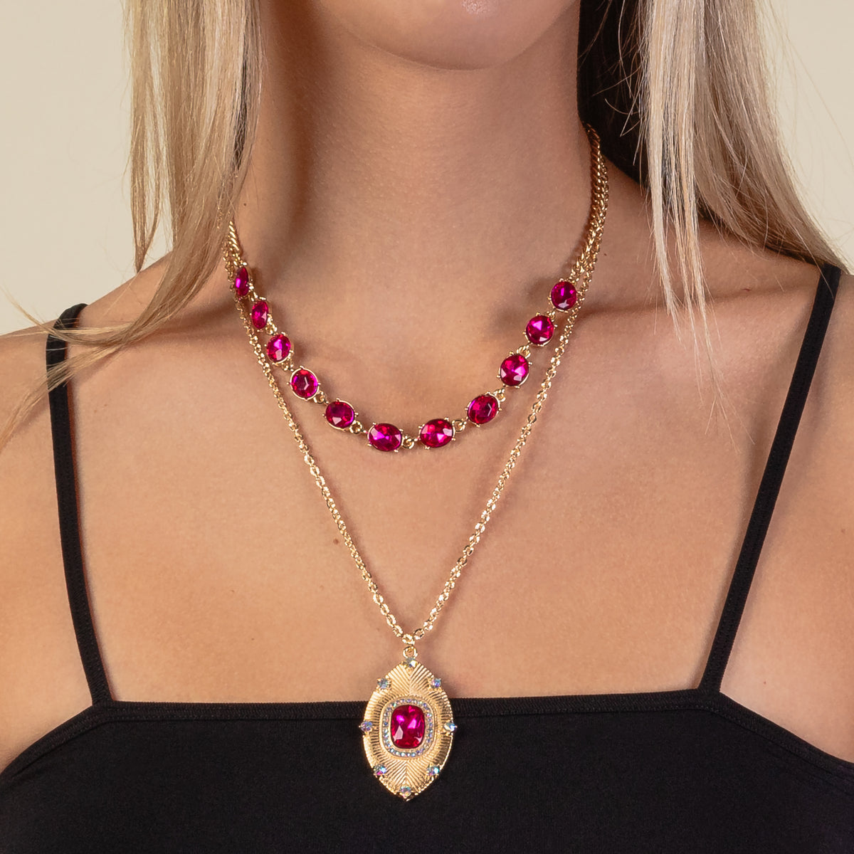 1176 - Crystal Pendant Necklace - Fuchsia