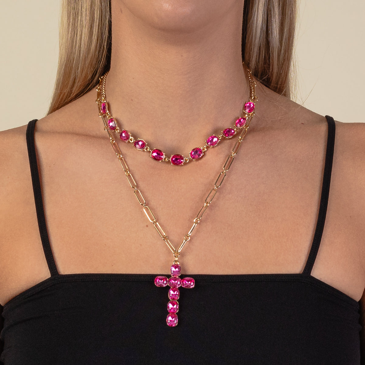 1177 - Crystal Cross Necklace - Fuchsia
