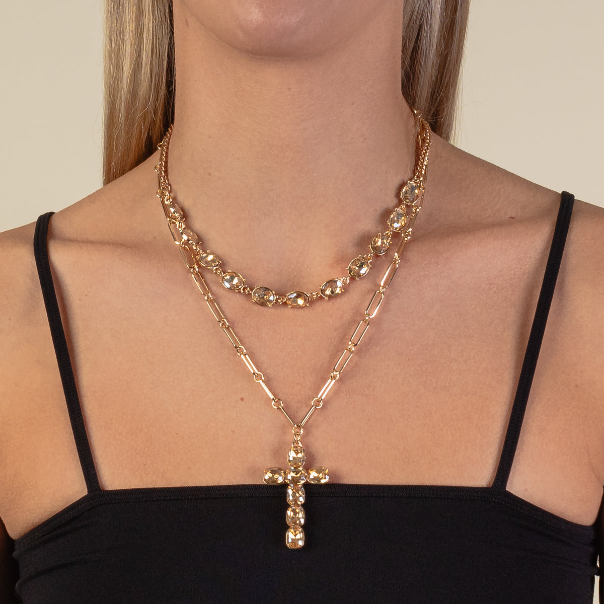 1177 - Crystal Cross Necklace - Gold