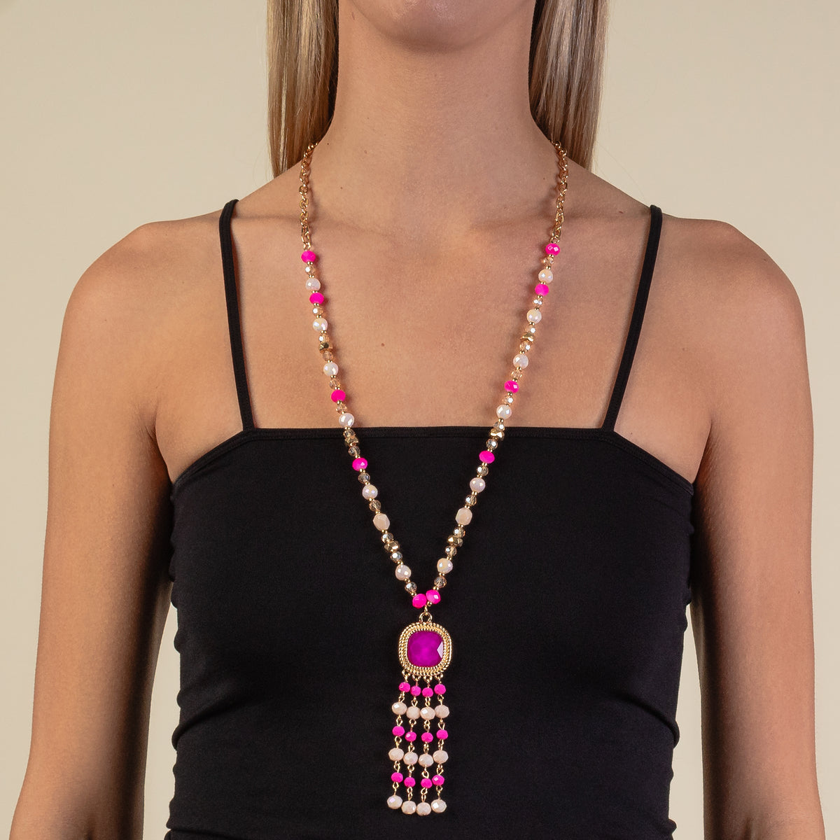 1182 - Crystal Beaded Tassel Necklace - Fuchsia