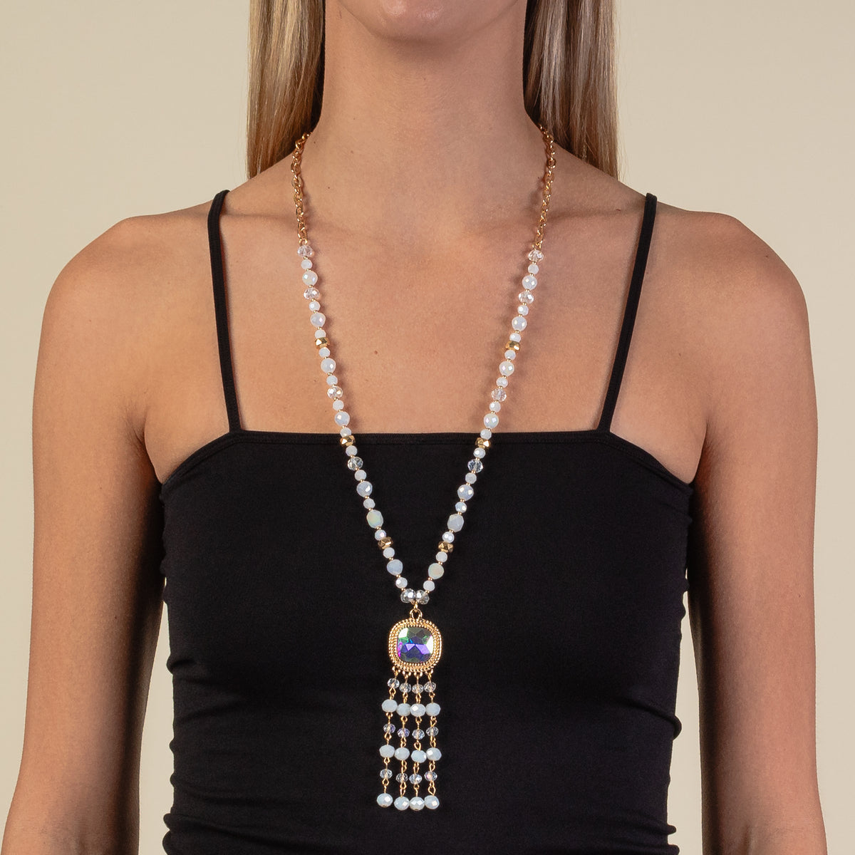 1182 - Crystal Beaded Tassel Necklace - White