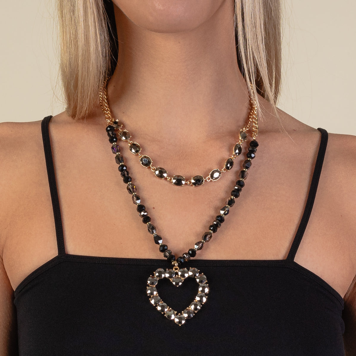 1198 - Layered Heart Necklace - Black