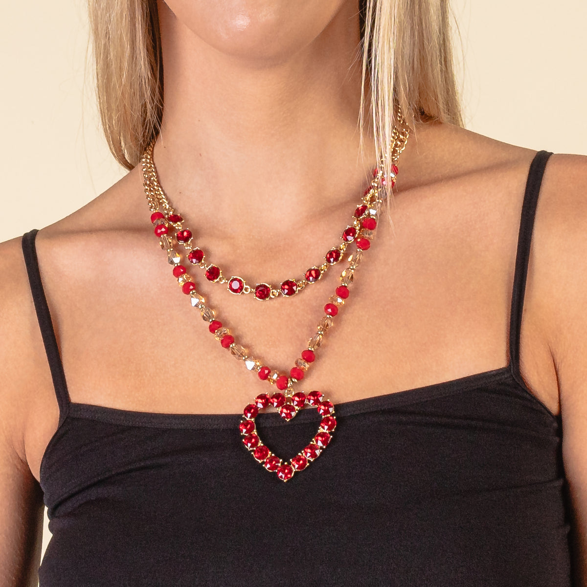 1198 - Crystal Heart Necklace - Red
