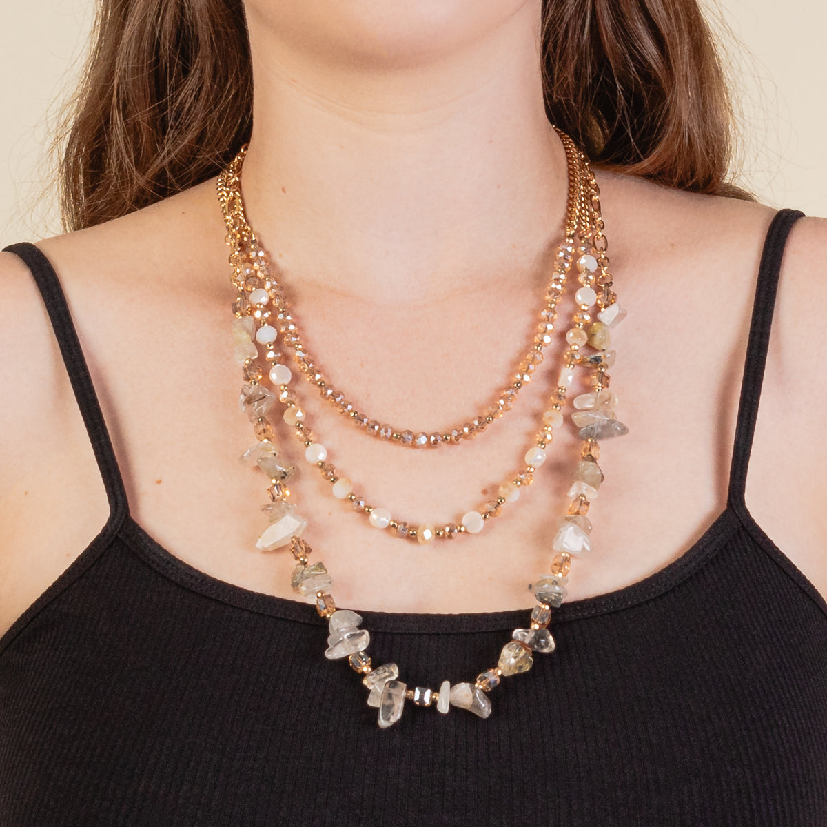 1199 - Layered Beaded Necklace - Beige