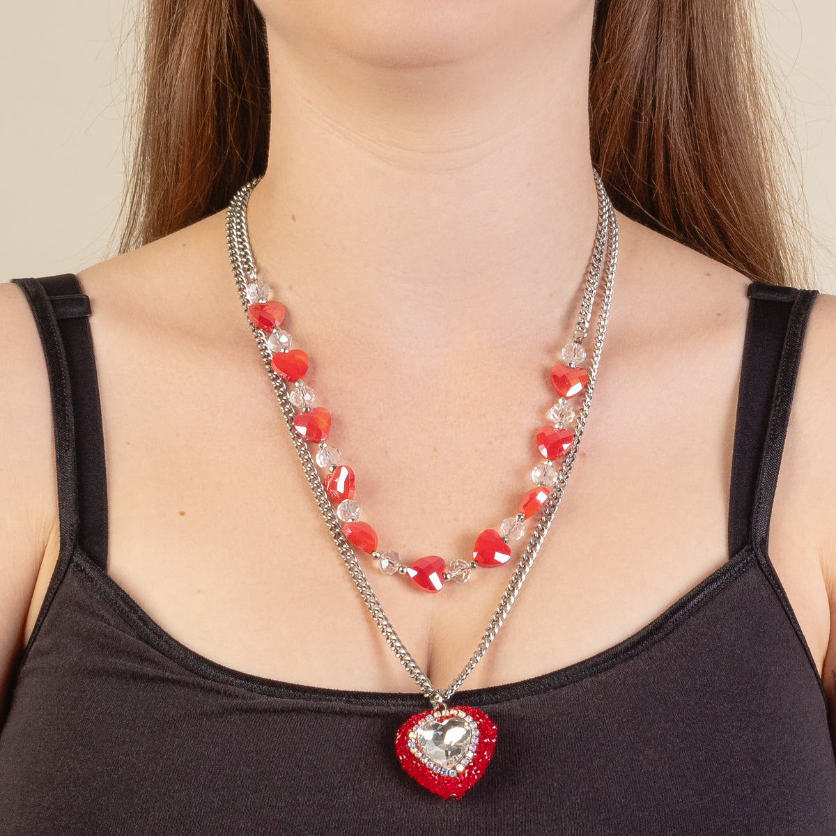 12003 - Layered Crystal Heart Necklace - Red