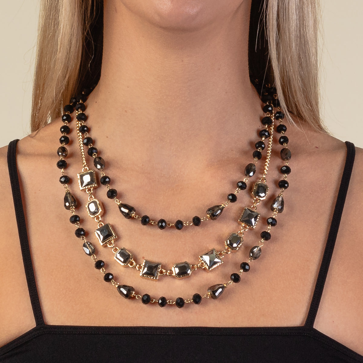 1206 - Layered Beaded Necklace - Black