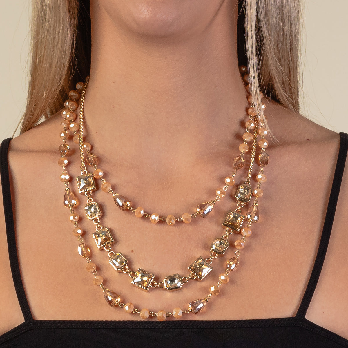 1206 - Layered Beaded Necklace - Gold
