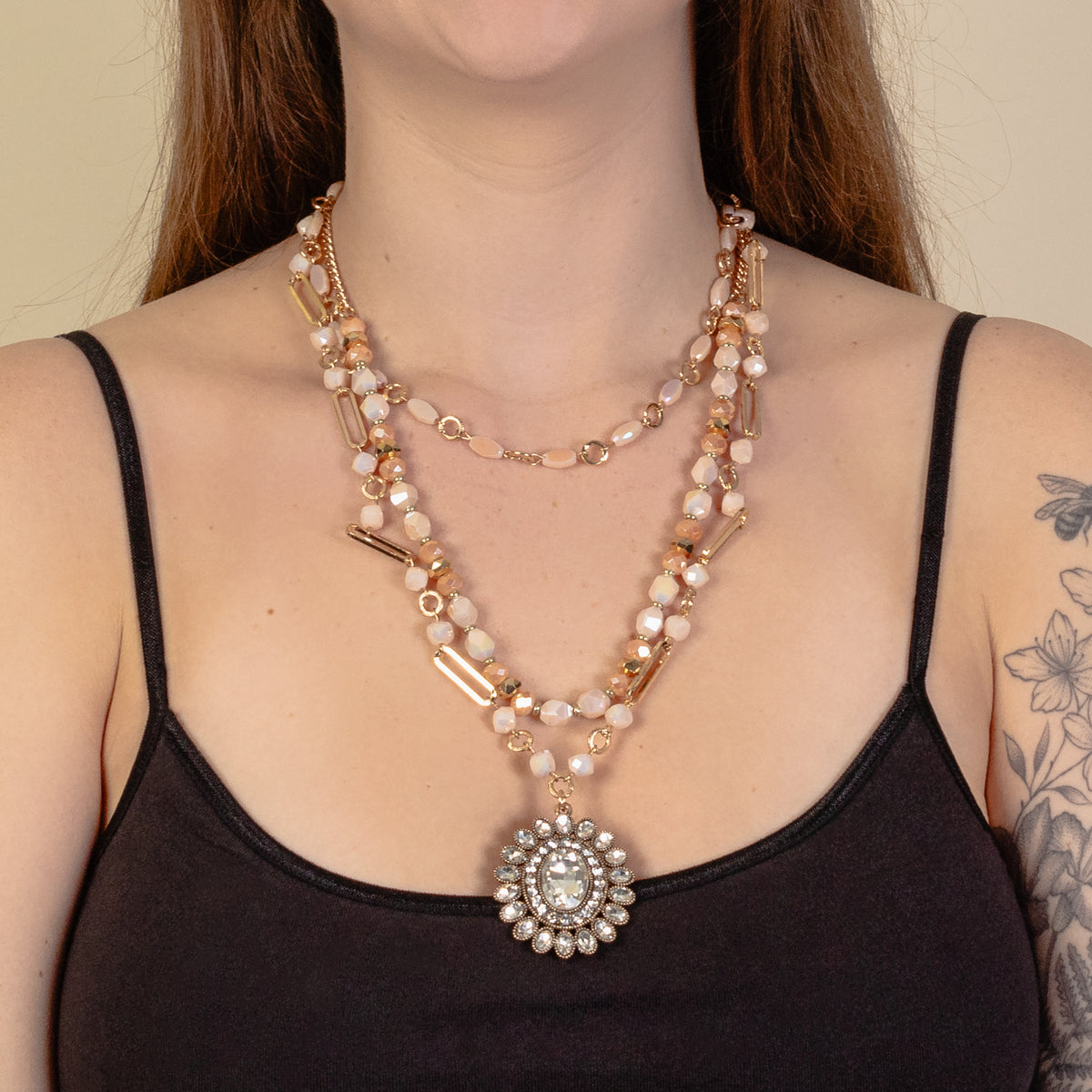 1209 - Beaded Layered Necklace - Champagne