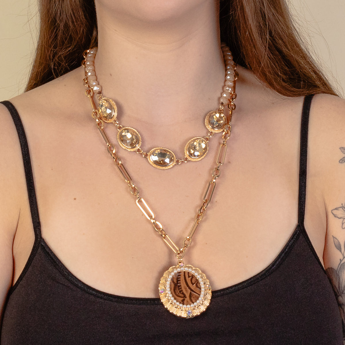 1211 - Layered Pendant Necklace - Brown
