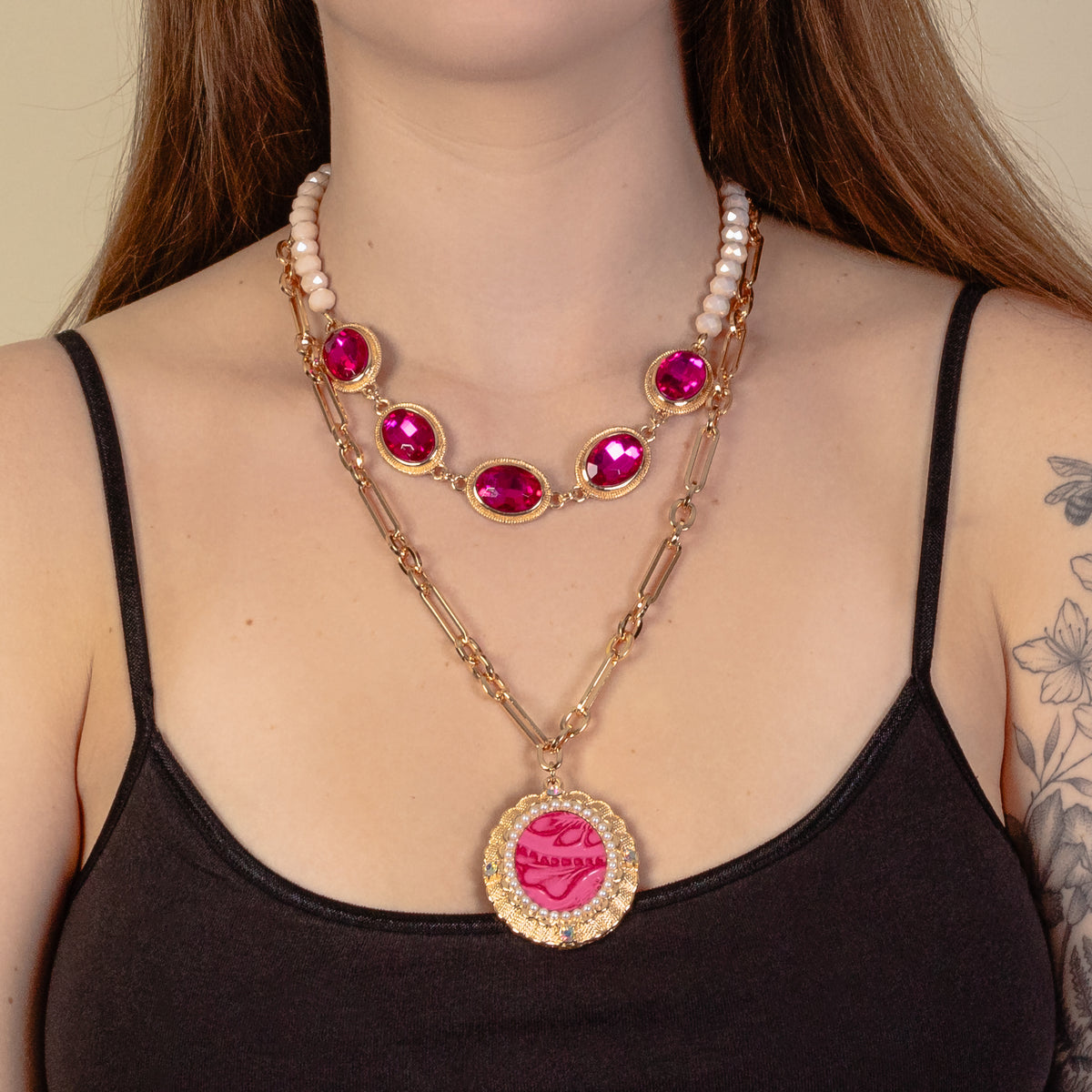 1211 - Layered Pendant Necklace - Fuchsia