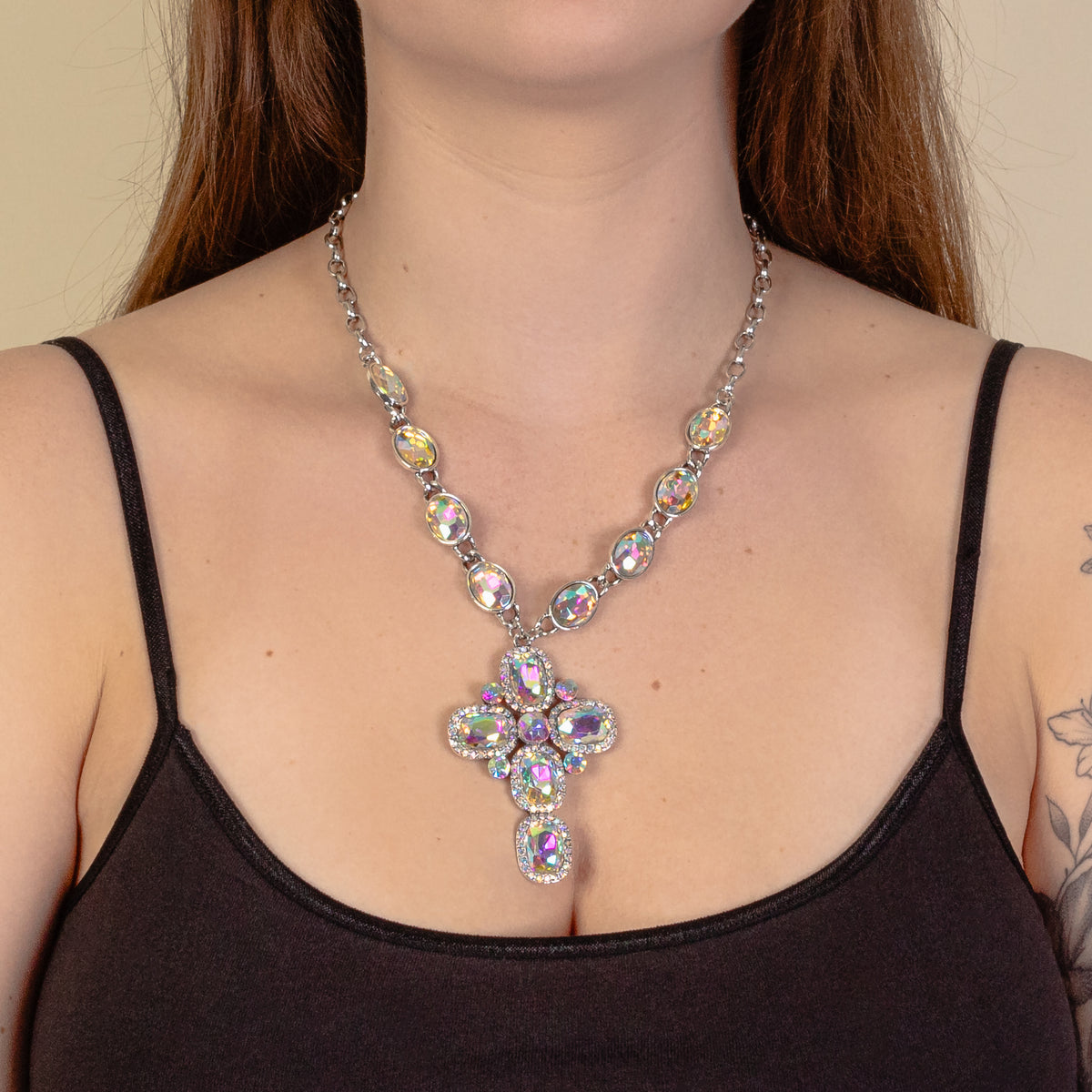 1212 - Crystal Cross Necklace - AB