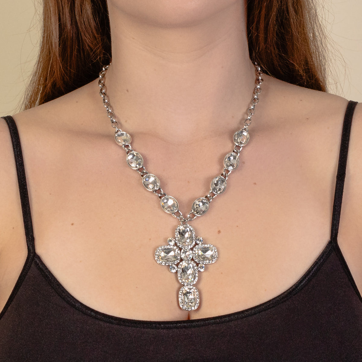 1212 - Crystal Cross Necklace - Clear