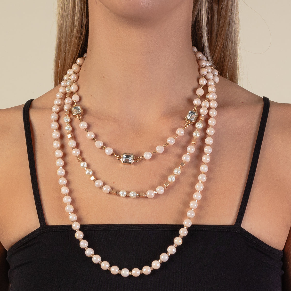 1214 - Layered Beaded Necklace - White