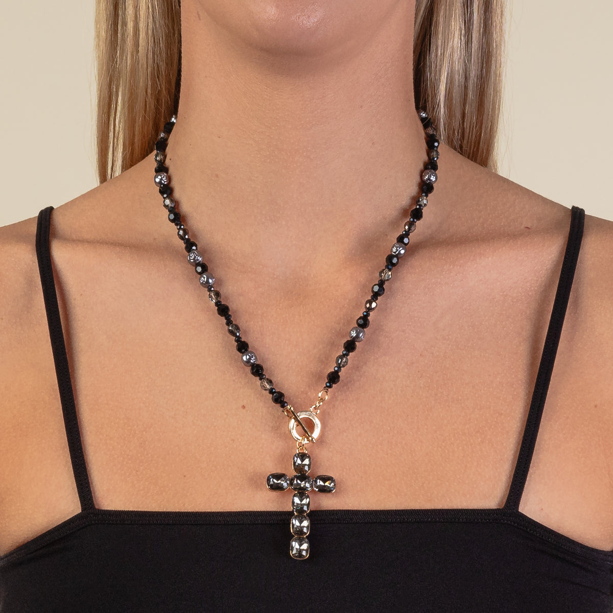 1216 - Dainty Cross Necklace - Black