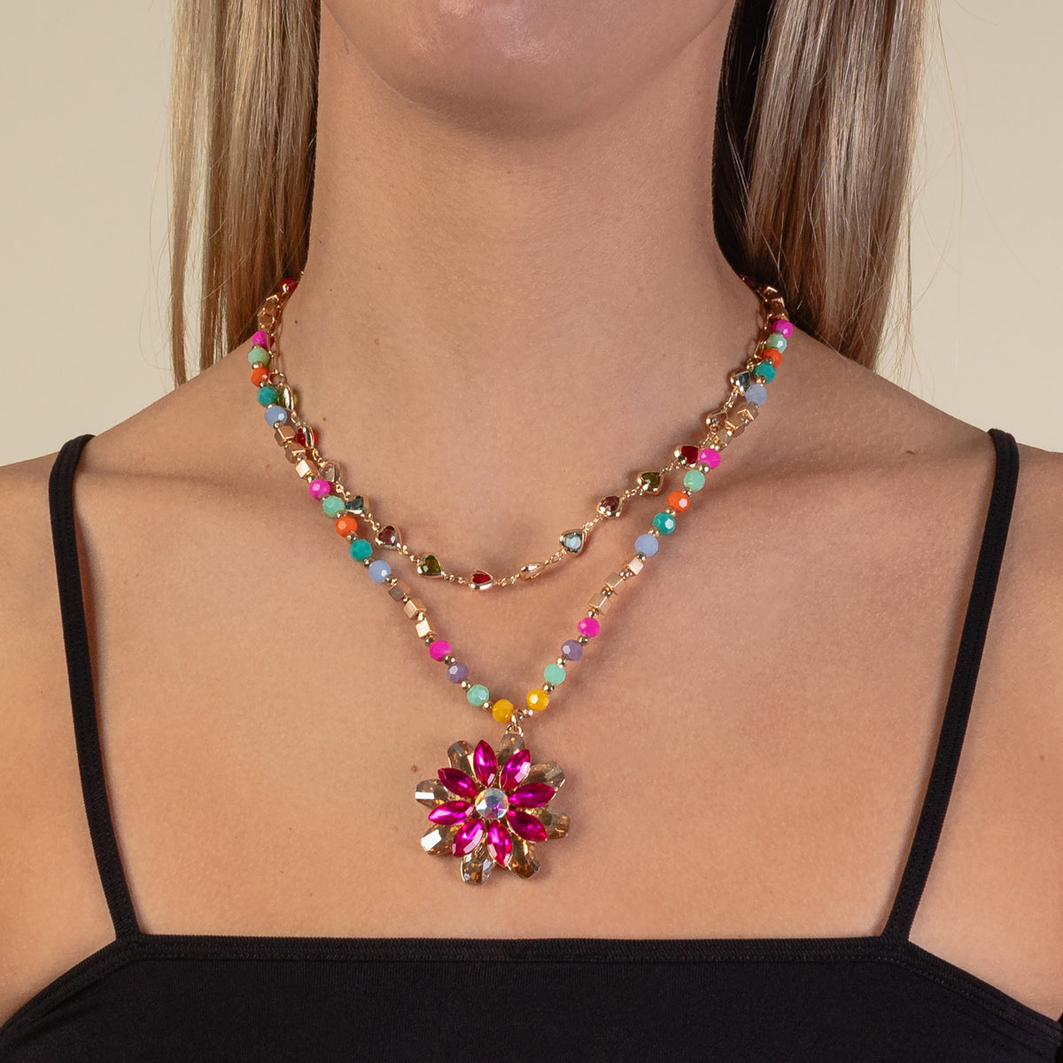 1218 - Crystal Flower Pendant Necklace - Multi