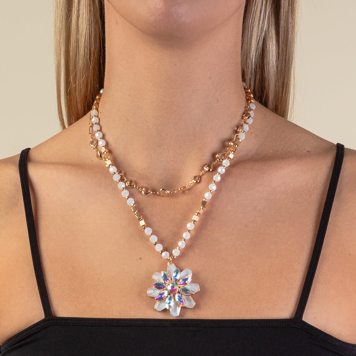 1218 - Crystal Flower Pendant Necklace - White
