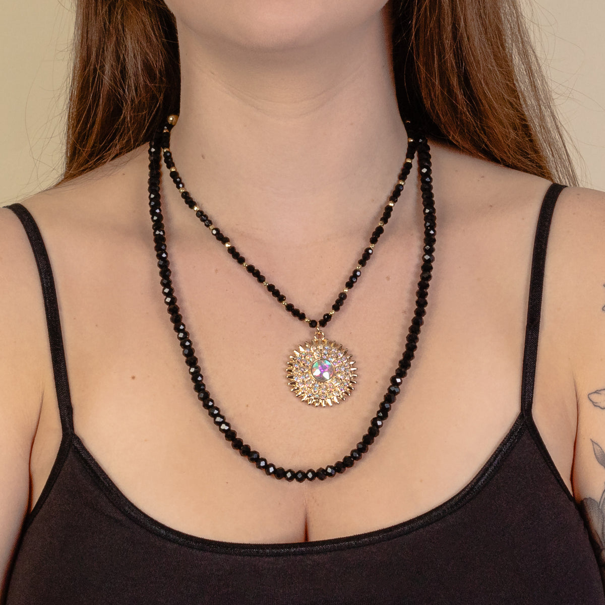 1220 - Layered Beaded Necklace - Black