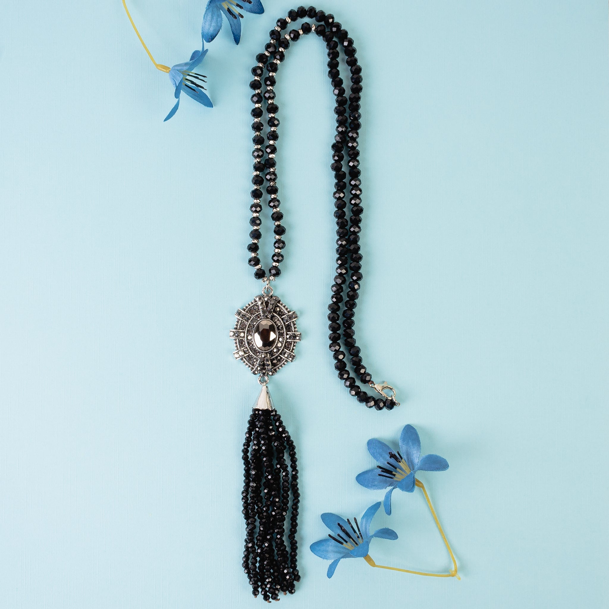 1222 - Crystal Beaded Tassel Necklace - Black | Your Fashion Wholesale