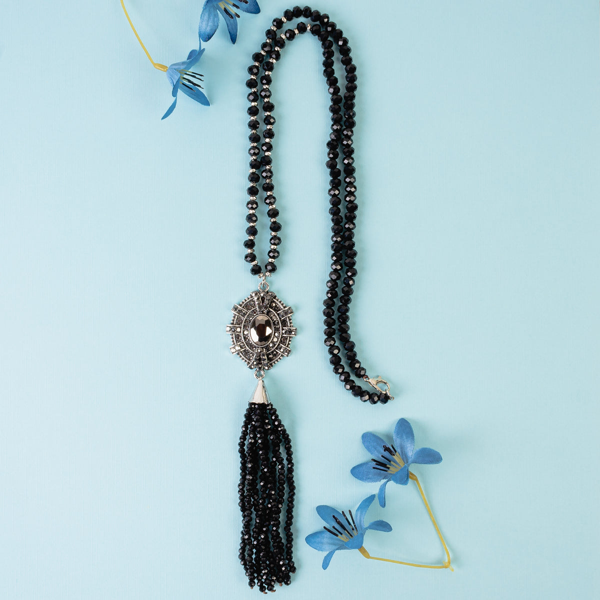 1222 - Crystal Beaded Tassel Necklace - Black