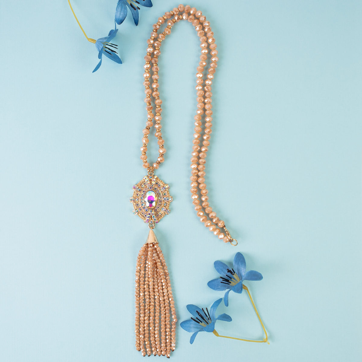 1222 - Crystal Beaded Tassel Necklace - Champagne