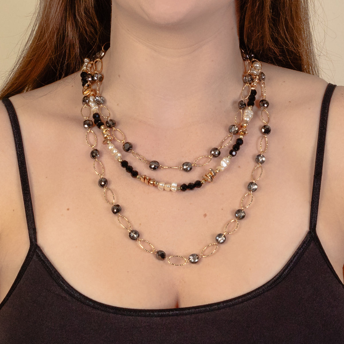1223 - Layered Beaded Necklace - Black