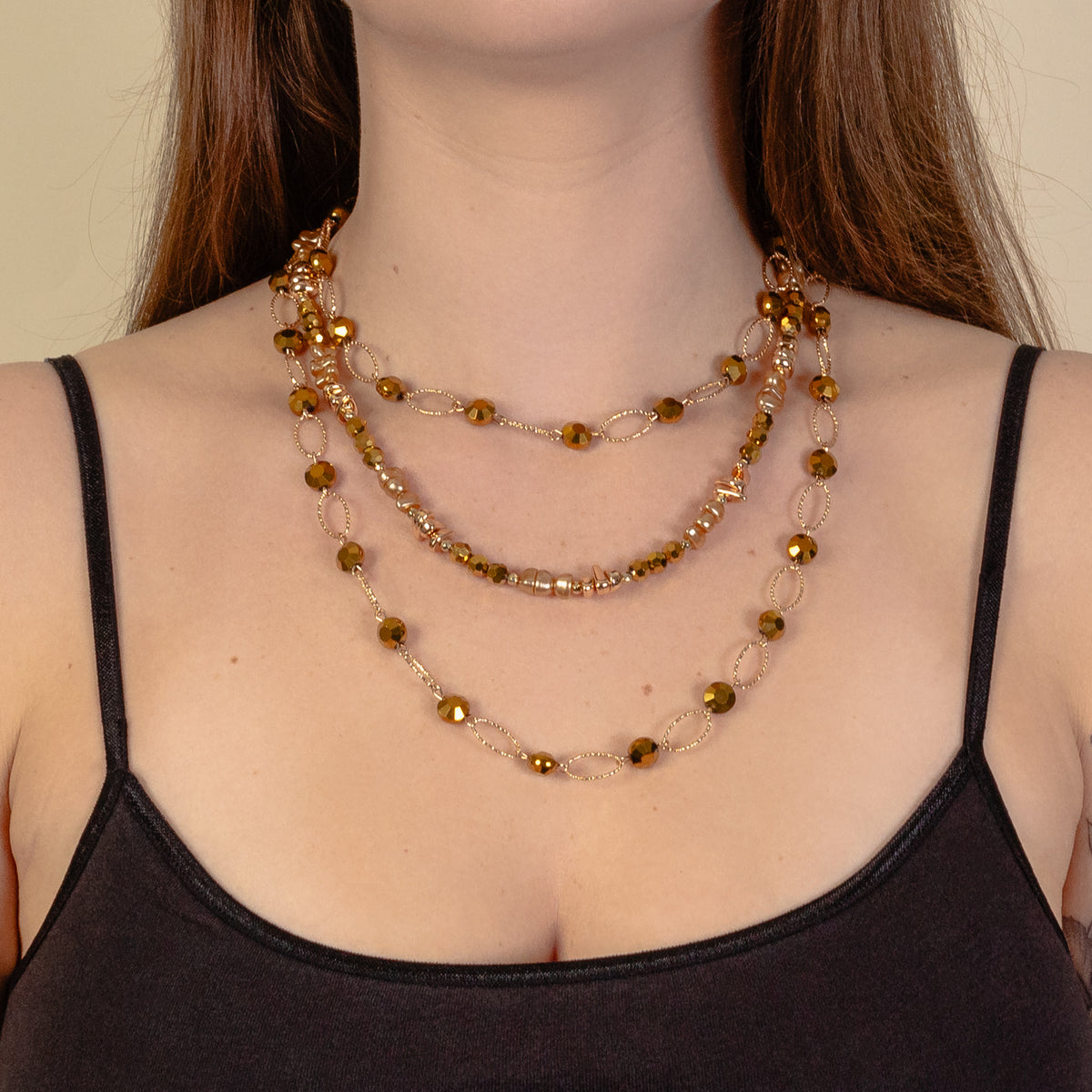 1223 - Layered Beaded Necklace - Gold