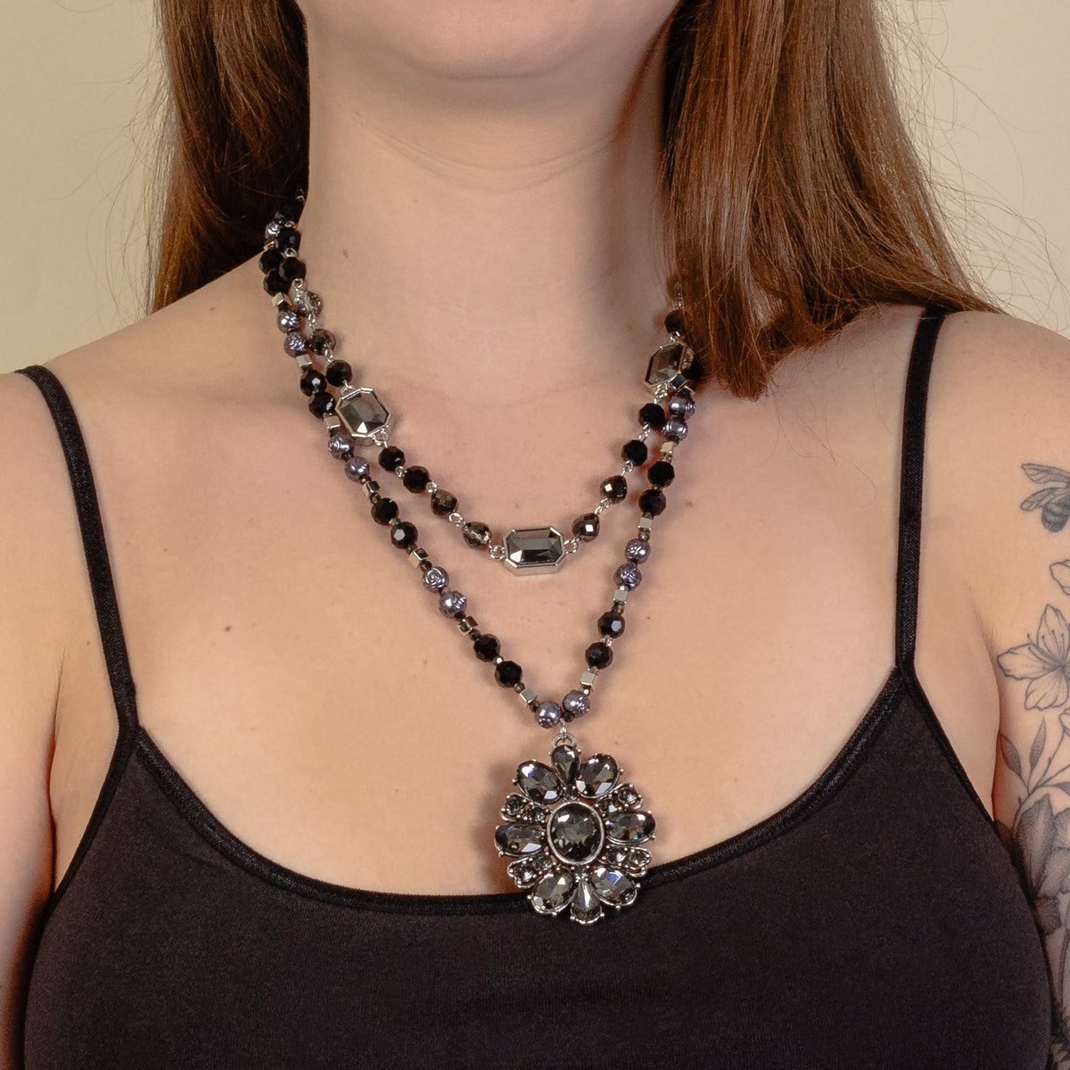 1224 - Beaded Layered Necklace - Black