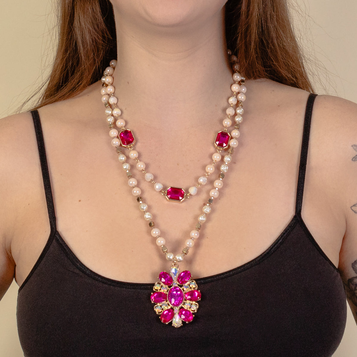 1224 - Beaded Layered Necklace - Fuchsia