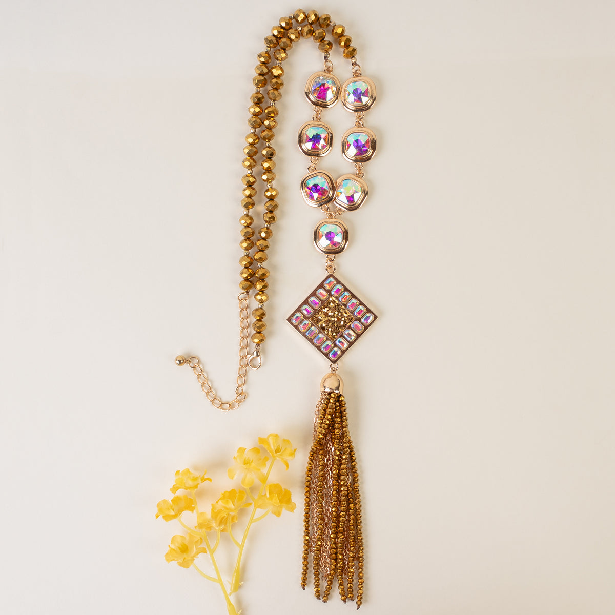 1225 - Crystal Beaded Tassel Necklace - Gold